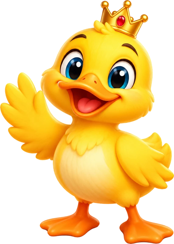 Math Duck mascot: a yellow duck wearing a golden crown, waving