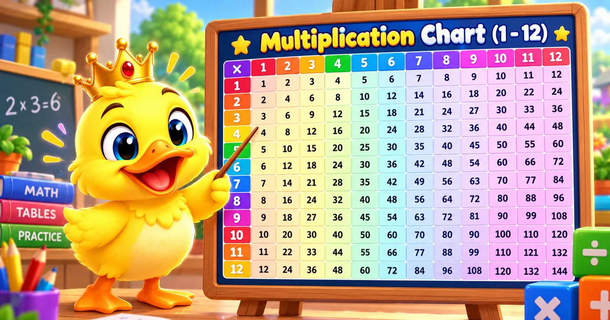 Printable multiplication chart 1 to 12 with the Math Duck mascot pointing at it